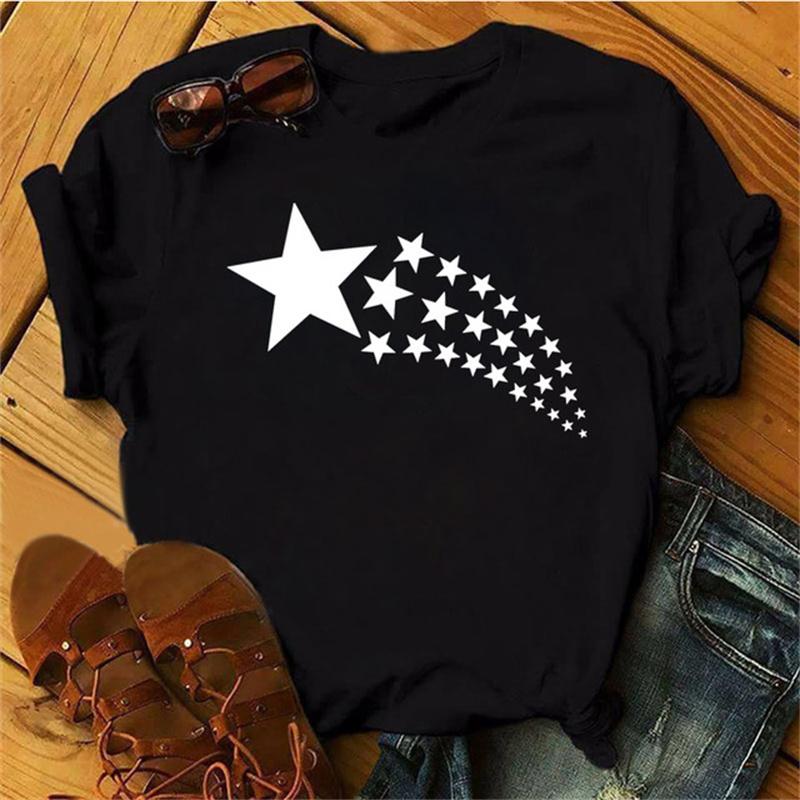 Maycaur Woman Star Moon Print Harajuku Летние футболки Повседневная футболка с круглым вырезом и коротким рукавом Женская черная футболка Прямая поставка