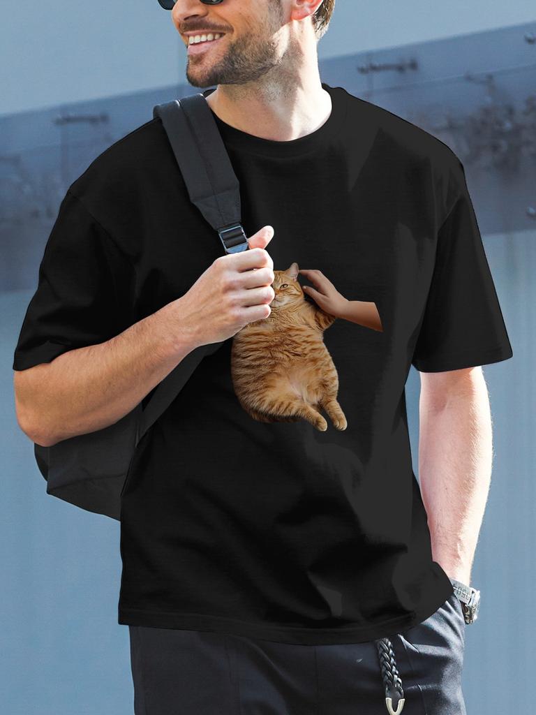 Black Plump Orange Tabby Cat Rolling Graphic T-shirt - 180g Cotton Crew Neck Short Sleeve Tee with Single-Sided Digital Print