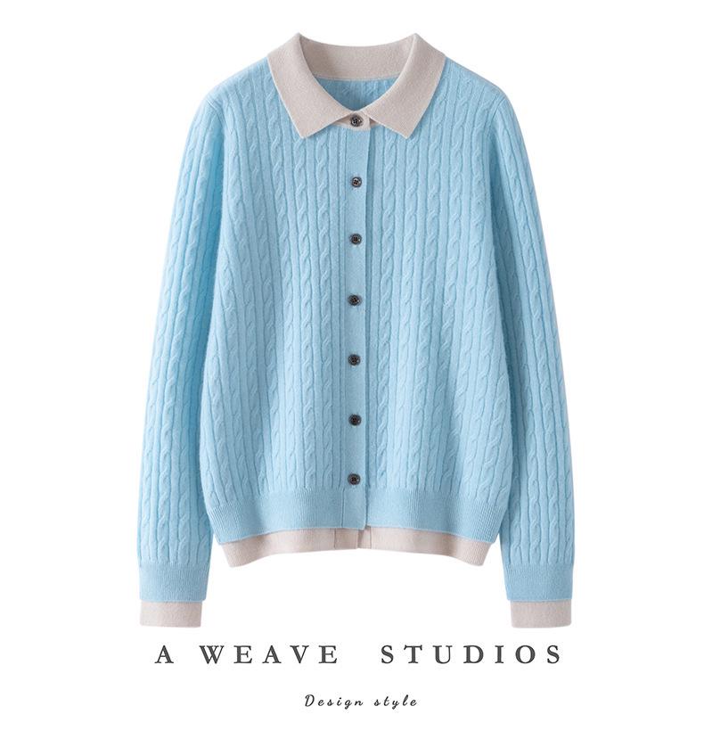 Women's Colorblock Cable Knit Cardigan with Faux Two-Piece Polo Neck Sweater