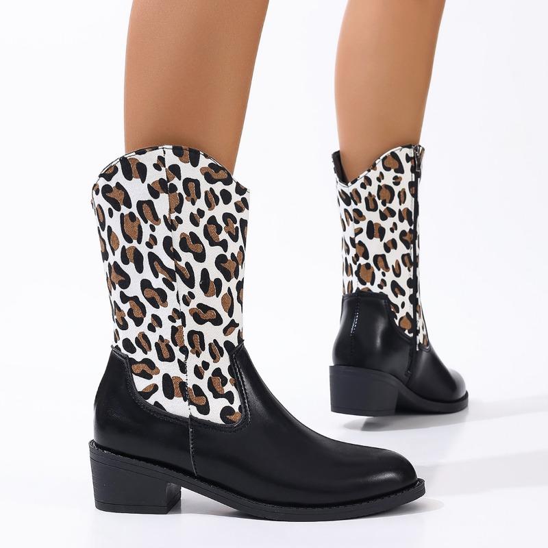 AJGS Новые женские туфли с боковой молнией, осенние, с острым носком, разноцветные, с леопардовым принтом, на толстом каблуке, модные, повседневные, до середины икры, модные сапоги