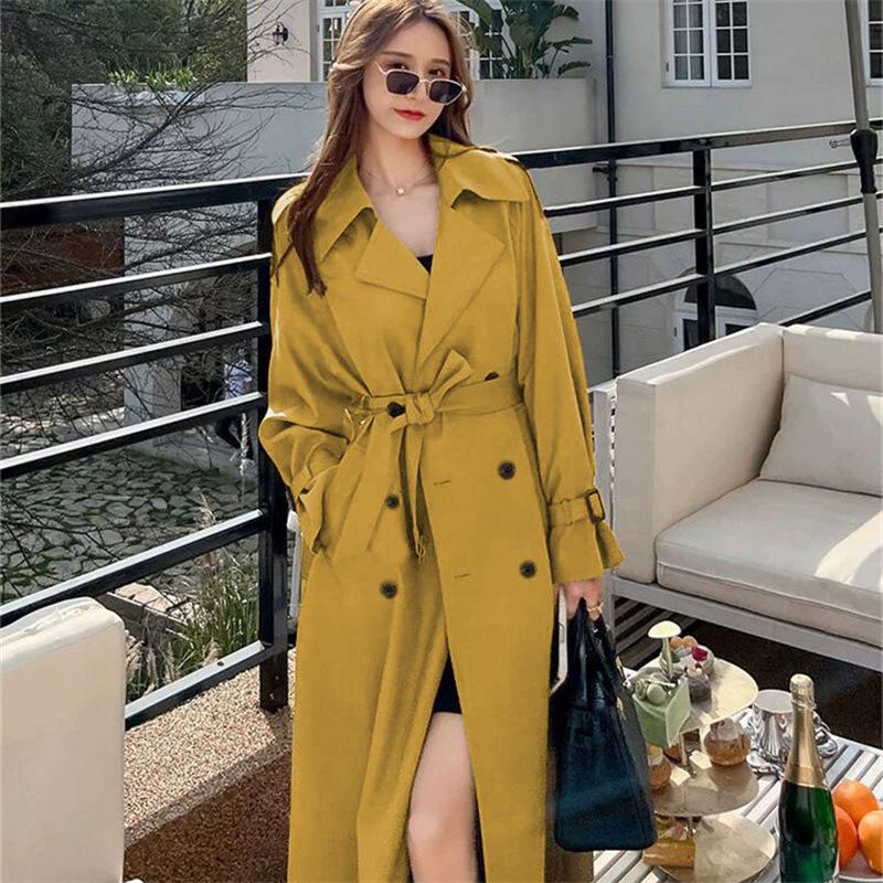 Women's Mid-Length Black Trench Coat - Korean & British Style, Plus Size & Petite, Over-the-Knee, Perfect for Spring & Autumn 2025