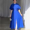 Spring Summer New Fashion Solid Color Women's Dress Long Gown with Sash Stylish Tummy Control Skirt for Plus Size Ladies