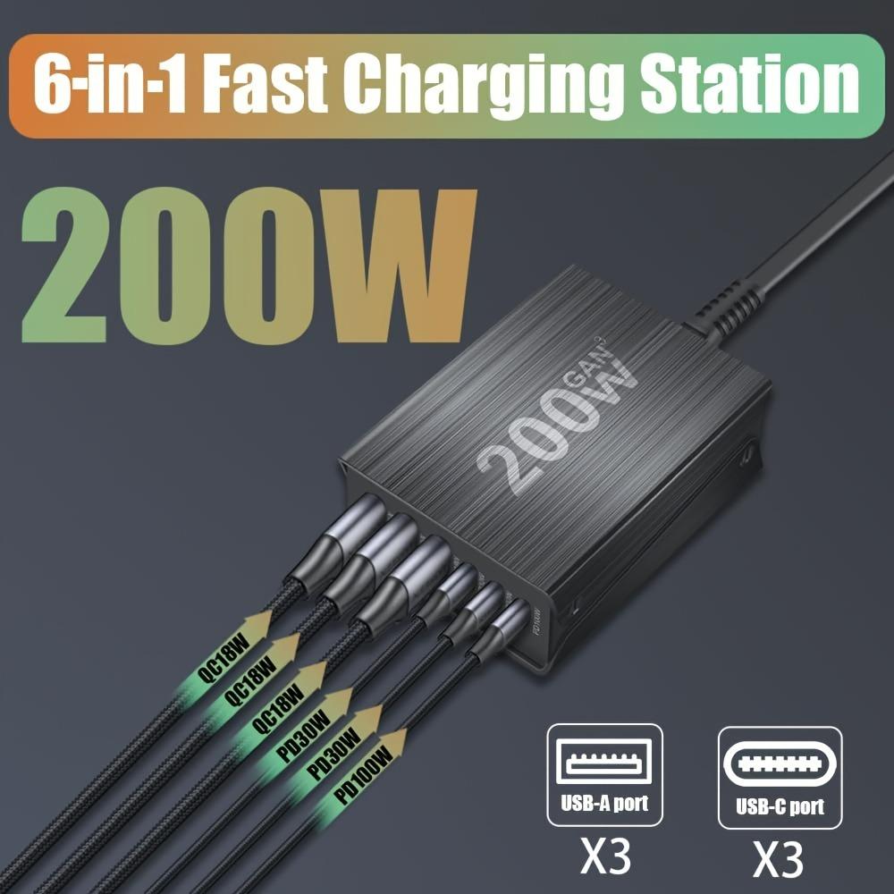 200 Вт 6-портовая GaN быстрая зарядная станция USB C зарядное устройство быстрая зарядка QC PD 3.0 Type C быстрое зарядное устройство для iPhone 16/15/14/13 Pro MacBook
