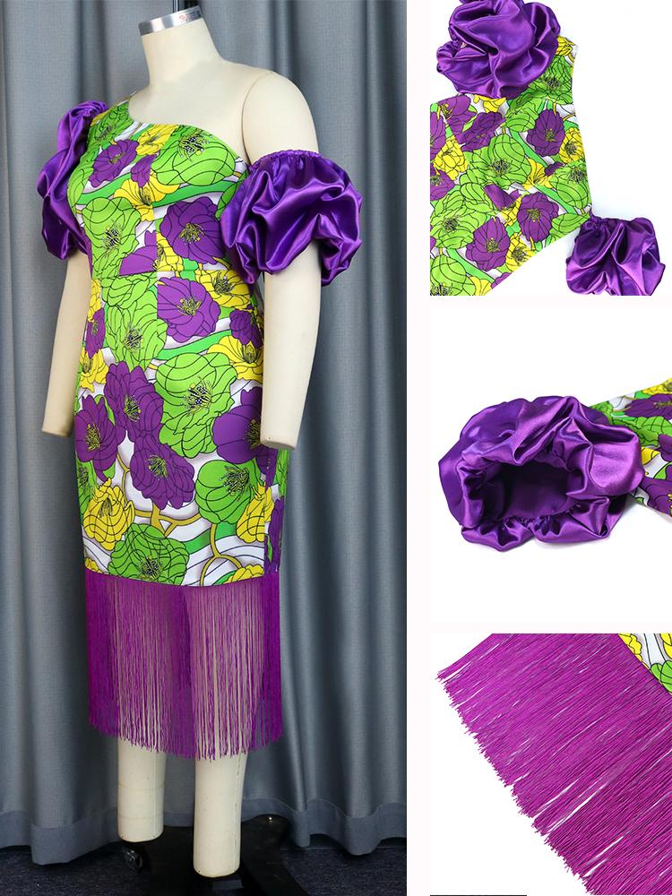 AOMEI Purple Printed Fringe Dresses for Women Bare Shoulder Irregular Short Puff Sleeves Floral Bodycon Evening Party Tassel Vestidos