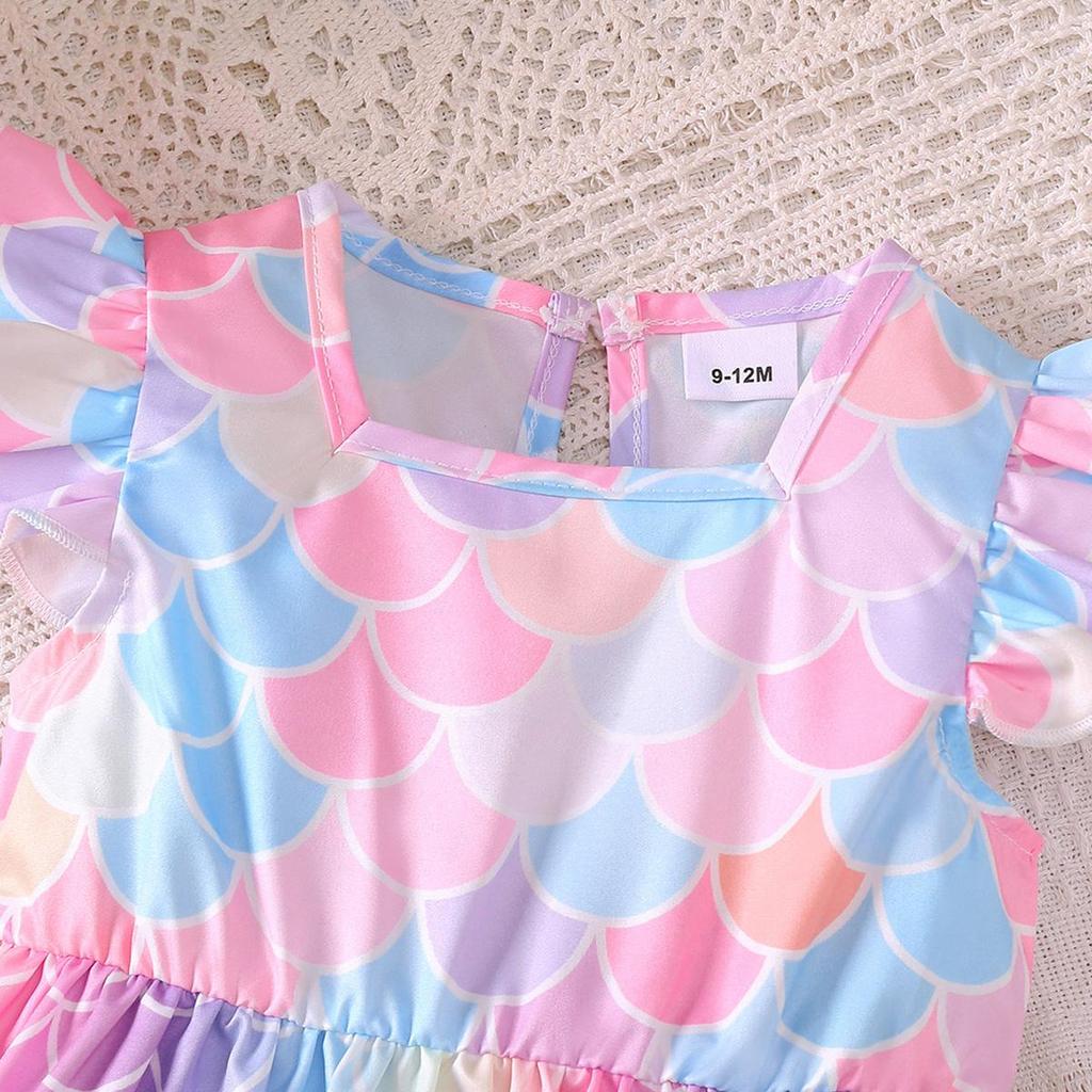 Fashion Summer Newborn Baby Girl 2PCS Mermaid Dress +Bow Headband Print Princess Dress for 0-3 Y Toddler Casual Party Sundress