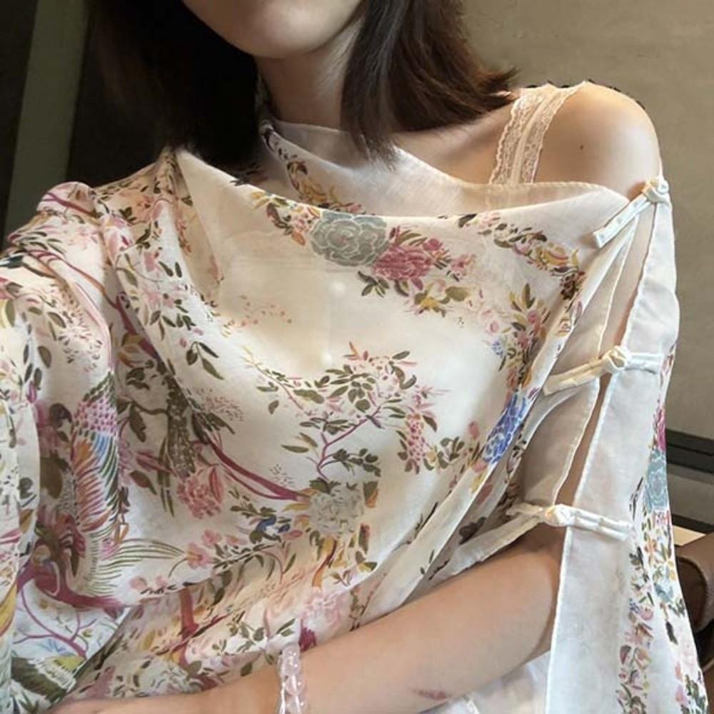 Breathable Thin Large Shawl Frog Button Sunscreen Headscarf Sweet Women Floral Scarf Vacation