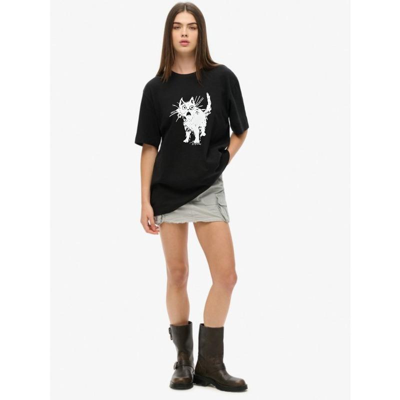 Oversized T Shirt Black Cat Graphic Print For Casual Wear