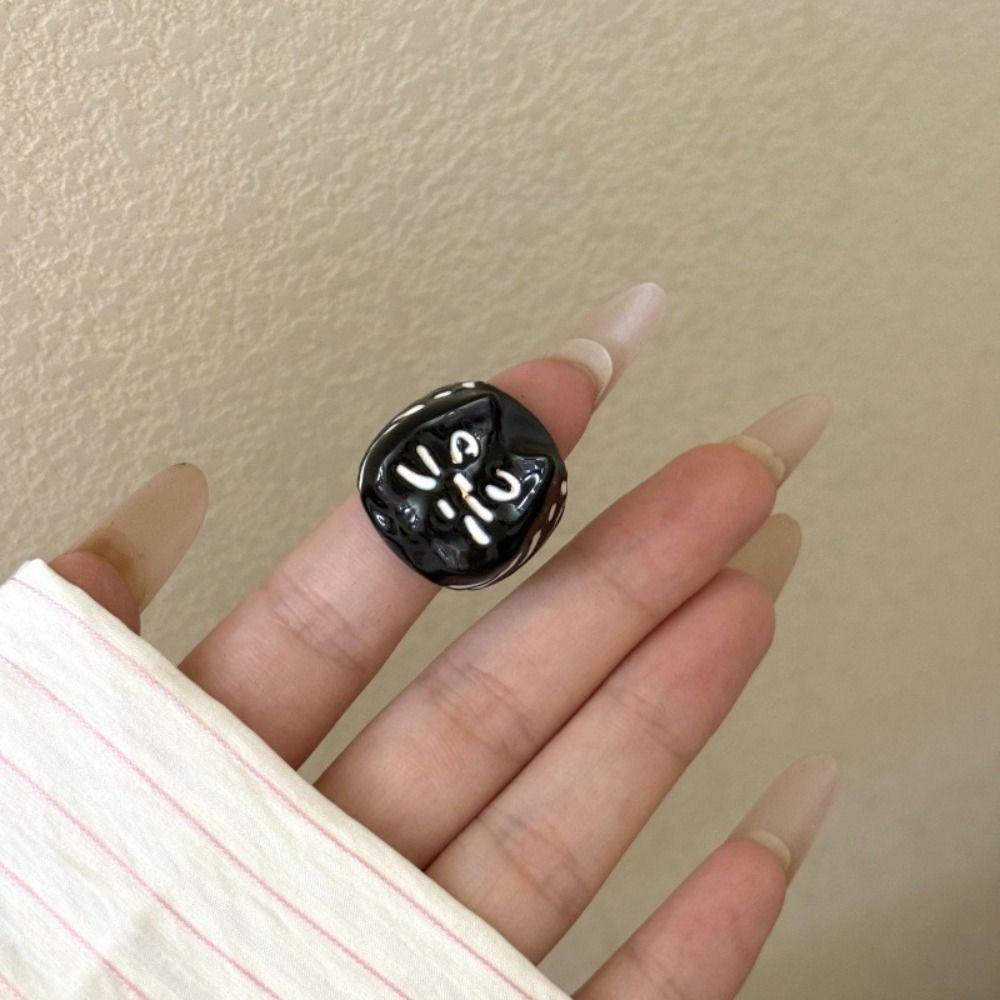 Korean Style Painting Ring Geometric Chunky Enamel Ring Fashion Design Drip Oil Cat Ring Gift
