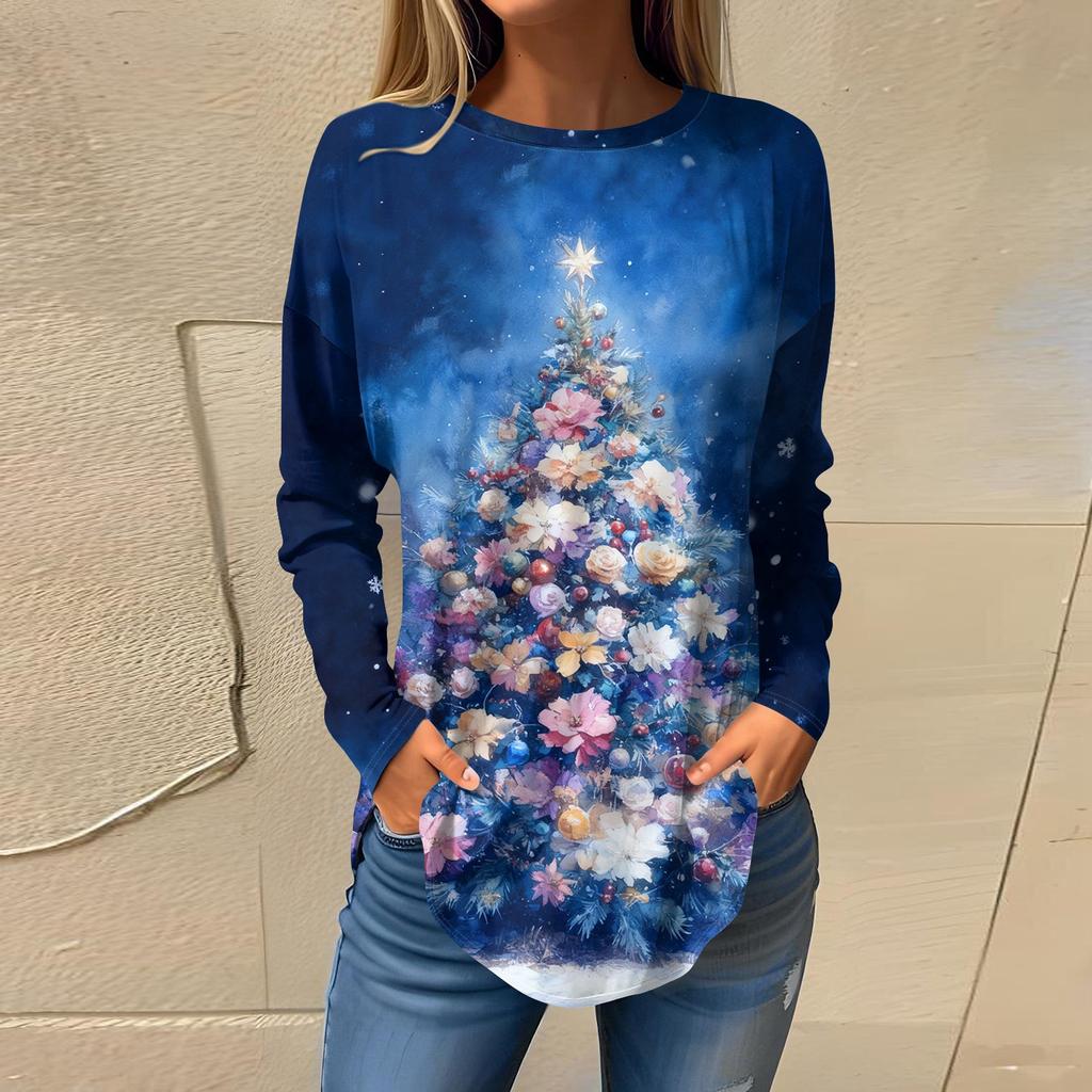 Tee Shirts For Women Casual Round Neck Long Sleeve Shirts Christmas Printing Top Pullover