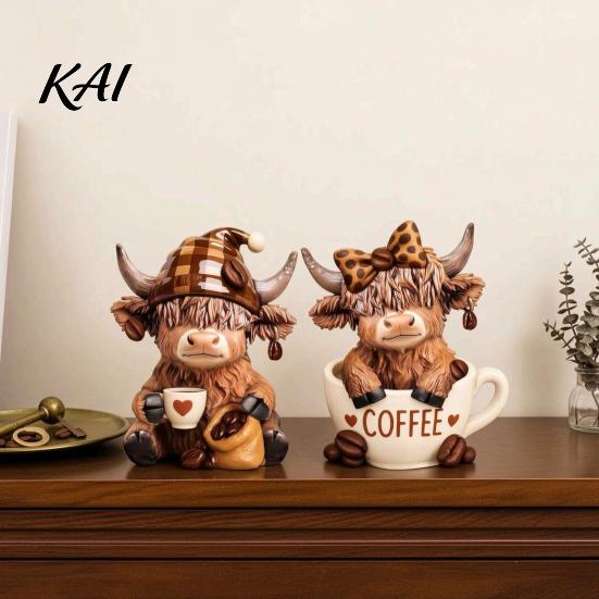 Unique Coffee Station Decoration 2Pcs Cow Figurine, Cute Resin Animal Statue for Home Desk Miniature Highland Decor, Cafe Style Tabletop