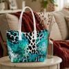 Watercolor Teal Leopard Print Tote Bag Fashion Daily Casual Top Handle Shoulder Bag for Women Outdoor Shopping