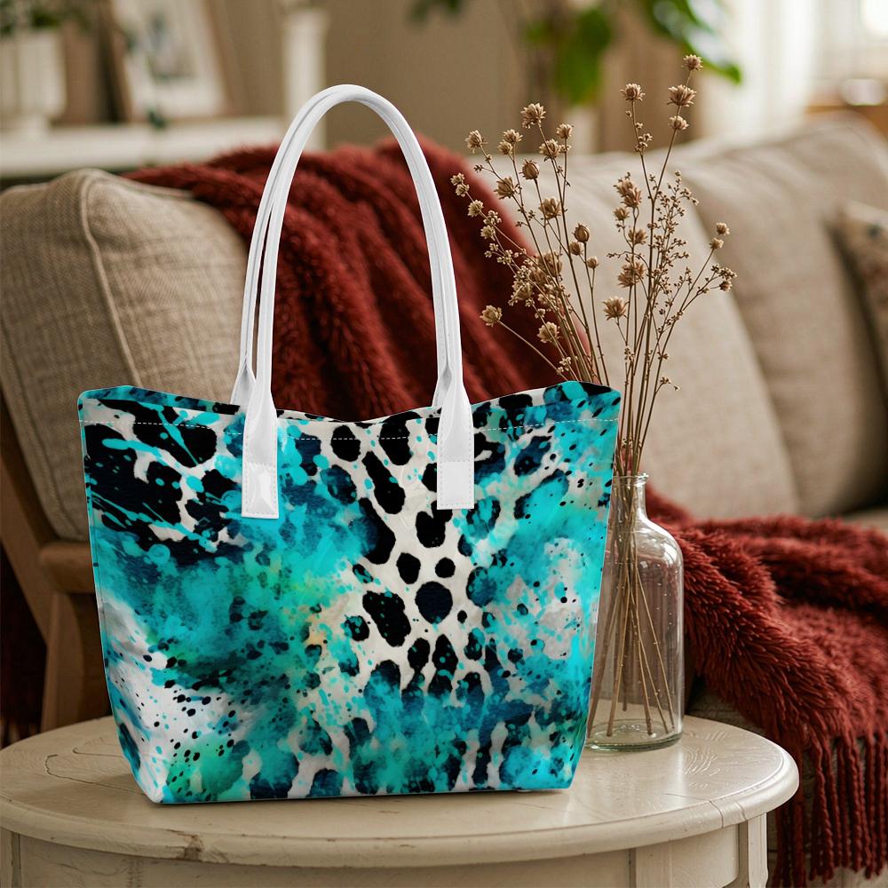 Watercolor Teal Leopard Print Tote Bag Fashion Daily Casual Top Handle Shoulder Bag for Women Outdoor Shopping