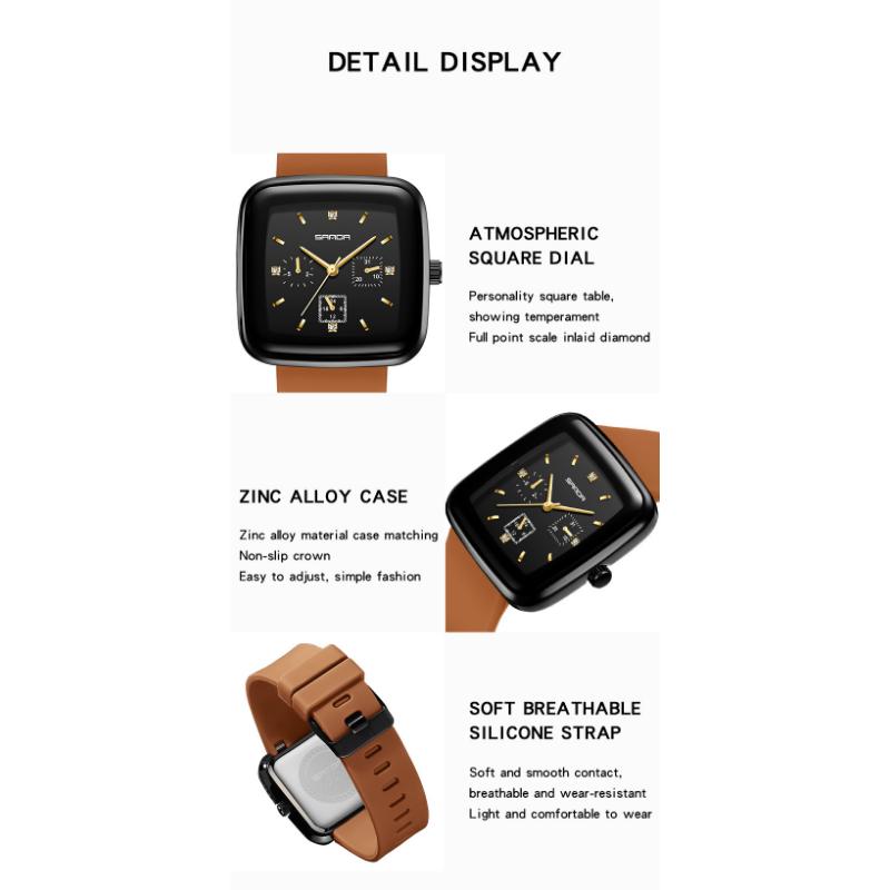 SANDA Новые квадратные кварцевые часы с шестью швами, мужские и женские часы, модные силиконовые Plaza, креативные персонализированные кварцевые часы