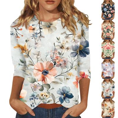 Женская мода повседневная три четверти рукав цветочный принт круглый вырез пуловер топ