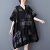 Короткий рукав Плюс размер черный винтажный клетчатый новый в платьях для женщин повседневный свободный миди летнее платье-рубашка