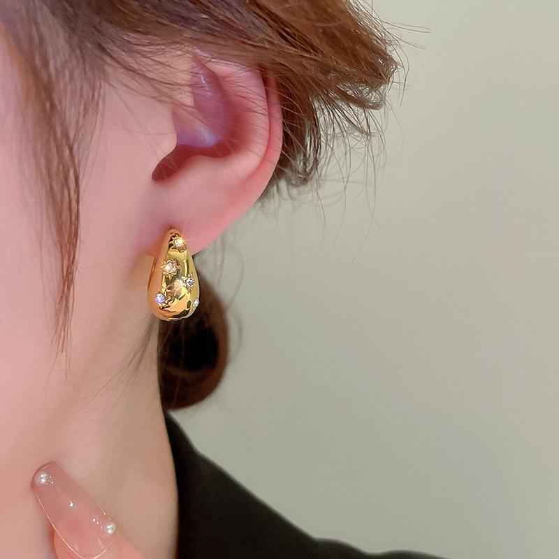 Chunky Hoop Earrings for Women Golden Silver Color Rhinestones Metal Round Loop Dangle Earrings Simple Statement Jewelry Gift