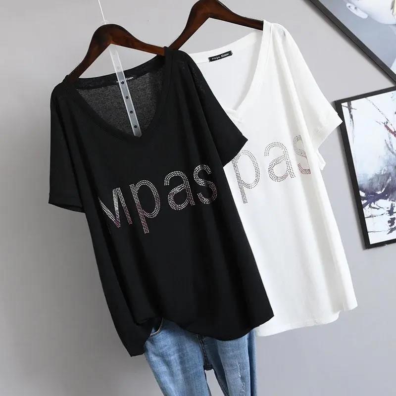 Extra Large Size T-shirt Women's Summer V-neck Clothes Fashion Loose Diamond-studded Letter Short-sleeved T-shirt Women