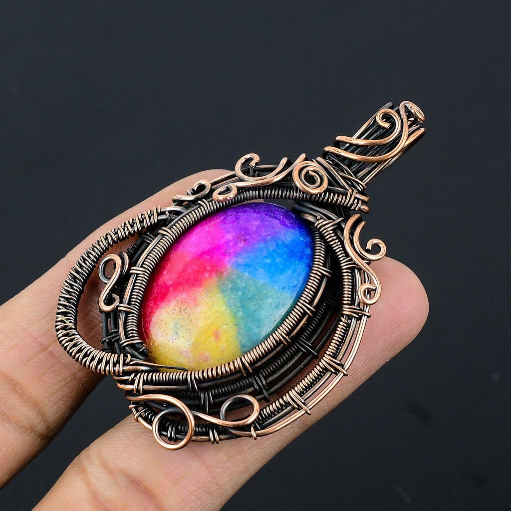 Rainbow Solar Quartz 999 Copper Wire Wrapped Pendant, Handmade Gemstone Pendant Jewelry, Gifts For Wife Brand New Pendant