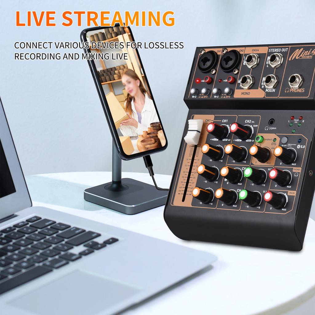Audio Mixer Portable 4-Channel DJ Mixer Console Mini Sound Mixing Board with USB BT 48V Phantom