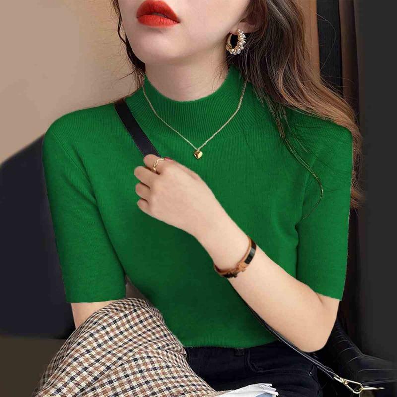 Модные повседневные женские рубашки с высоким воротом, летние узкие блузки с коротким рукавом, женские элегантные однотонные простые свободные рубашки, женская одежда 26229