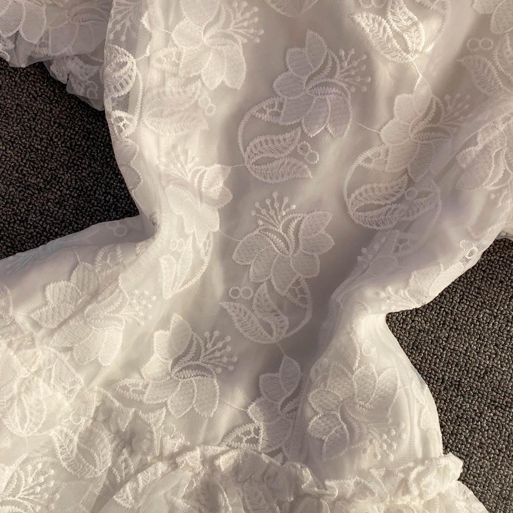 Summer High Quality Women White Mesh Embroidery Flower Party Dress Sweet Girls Puff Sleeve Ruffles Princess Cake Dresses