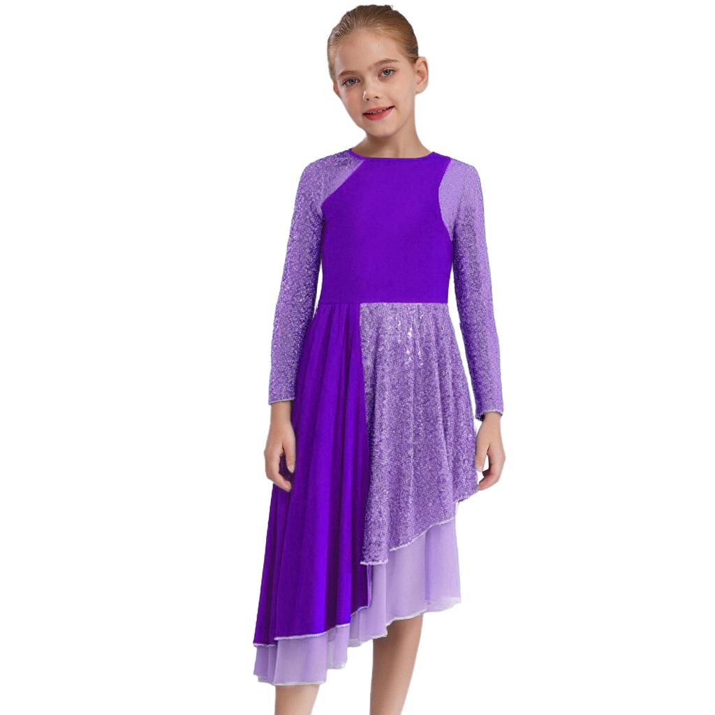 Girls Praise Dance Dress Long Sleeve Round Neck Design with Sparkling Sequins Color Block Asymmetrical Robe