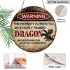 2D Flat, 1pc 7.87x7.87in 2D Flat Round Sign, Vintage Plaque with "Warning Dragon" Design, "This Property Protected by Trained Dragon" Humorous Metal