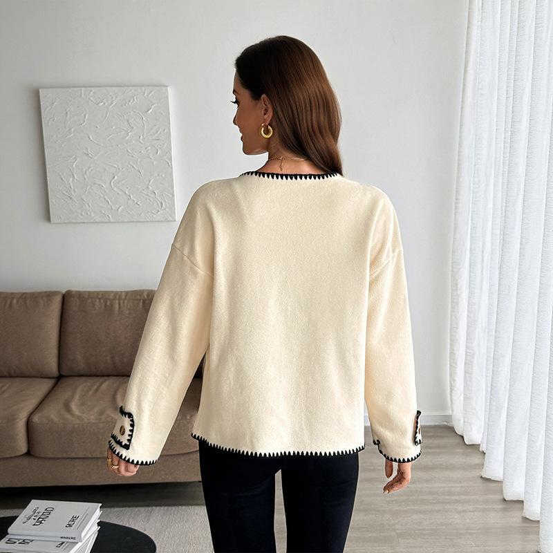 Women's Contrast Trim Button Cardigan Creamy Long Sleeve Open Front Knit Sweater Outerwear with Decorative Buttons
