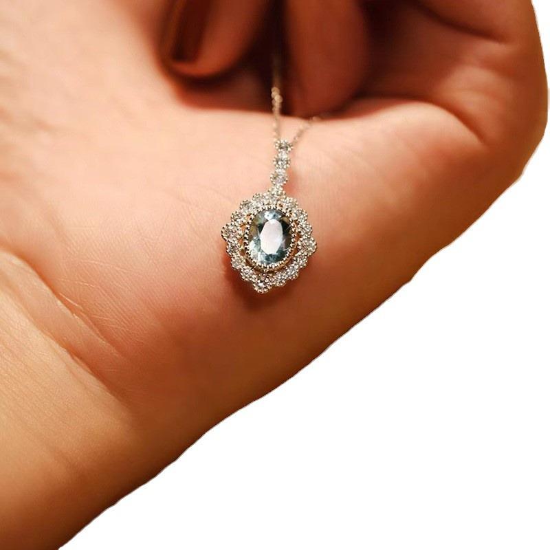 Серебряное Ожерелье 925 пробы с Овальным Аквамарином для Женщин с Дизайном Кружевного Края