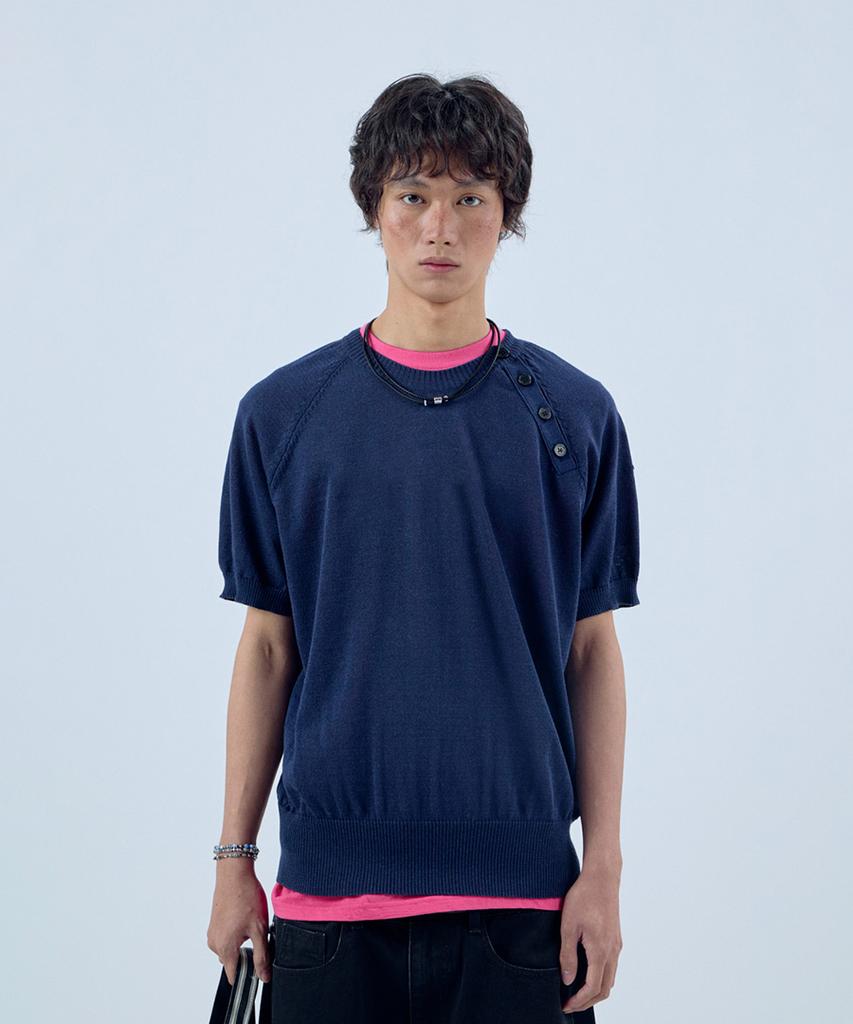 NOISE Shoulder Open Henley Short Sleeve Knit - Navy