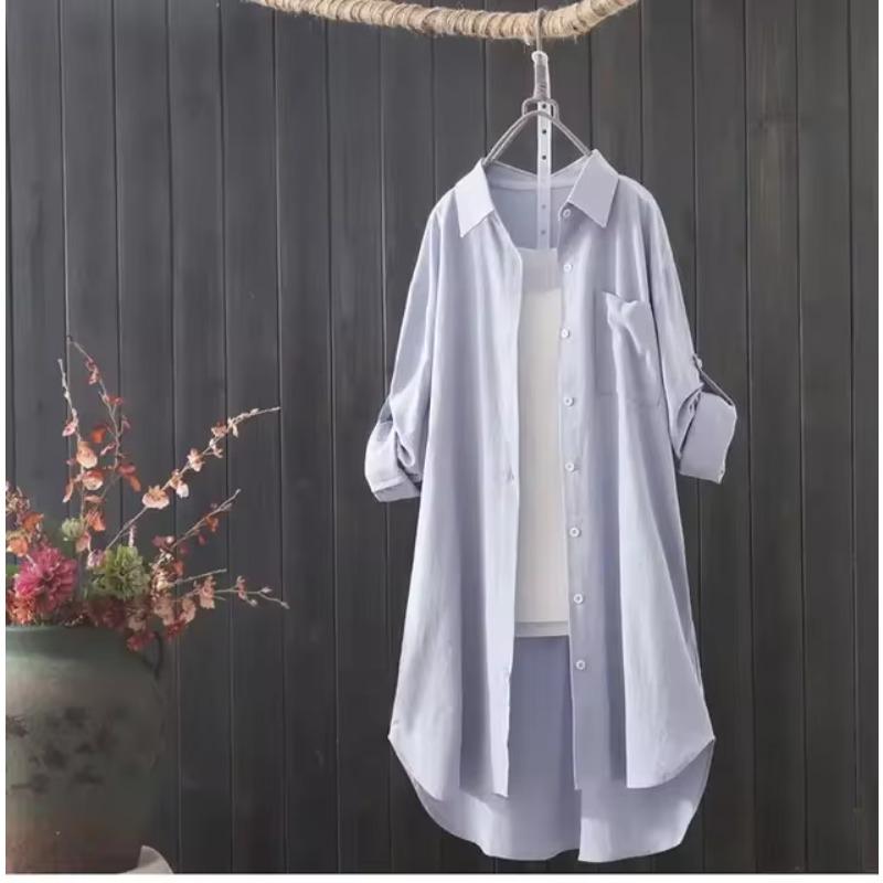 White Shirt Women 2025 Spring Summer Korean Fashion Simple Solid Color Long Shirts Lady Loose Breathable Midi Shirt and Blouse