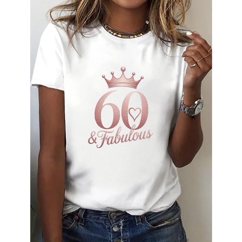 Европейские размеры Женская футболка 60 & Fabulous Rose Golden - С коротким рукавом, с круглым вырезом, Повседневный топ с принтом числа 60, Наряд, Весенний летний повседневный наряд