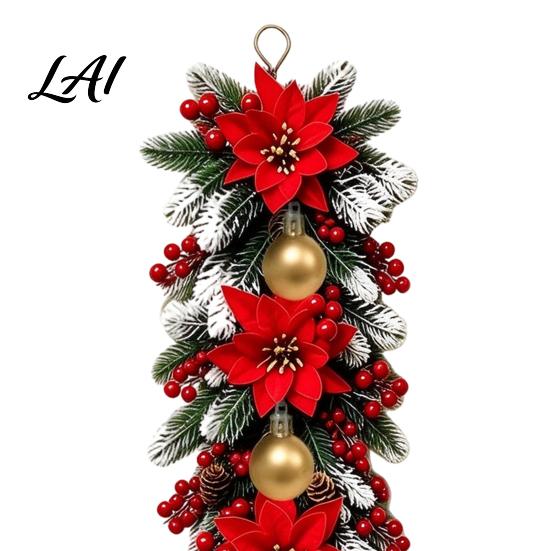 Outdoor Front Door Garland Holiday Entrance Wall Ornament Red Poinsettia Berry Decor Natural Pine Artificial Christmas Floral Swag Cone Hanging