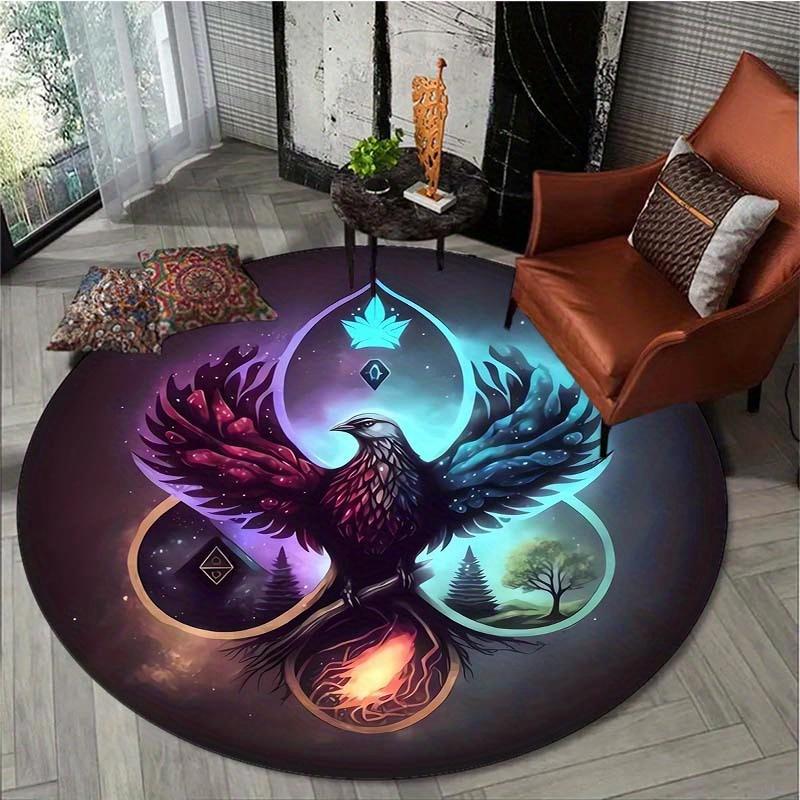 Mystical Crow Elemental Symbols Round Rug Flannel Esoteric Magic Floor Mat for Meditation Room Spiritual Decor Area Carpet