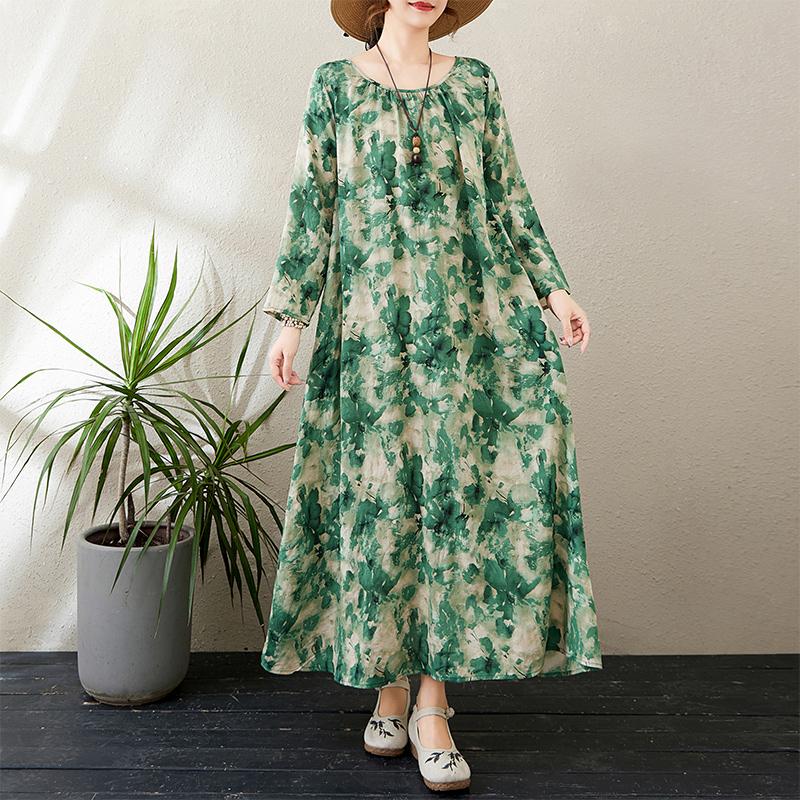 DIMANAF Новое 2025 Женское Весеннее Свободное Платье Большие Размеры Базовое Цветочное Винтажное Длинное Платье Элегантное Хлопковое Повседневное Платье Оверсайз