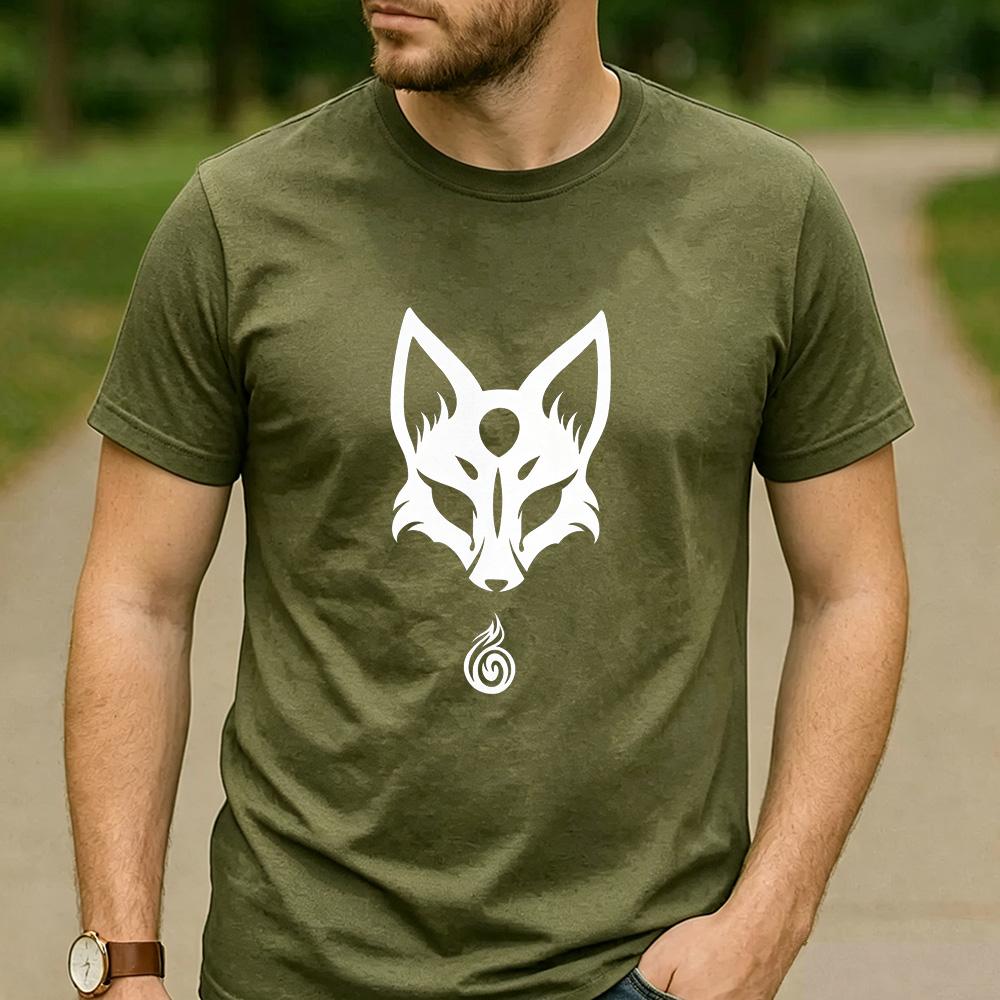 Minimal White Nine Tailed Fox Spirit Graphic T Shirt Unisex Crew Neck Short Sleeve Asian Myth Holiday Gift Top