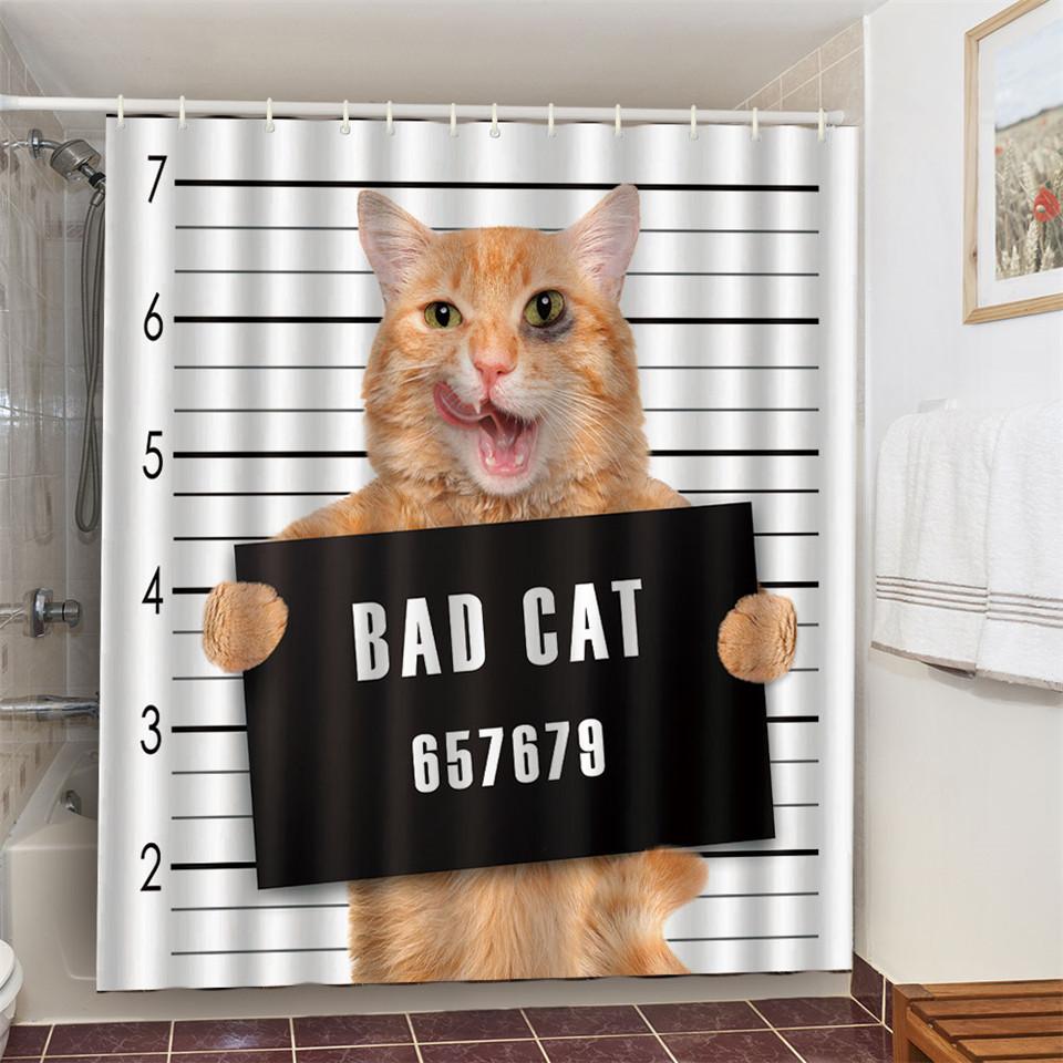 Cat Brushing Teeth Shower Curtain Bathroom Product Waterproof Durable Polyester Fabric Room Decoration Cortinas With 12pcs Hooks