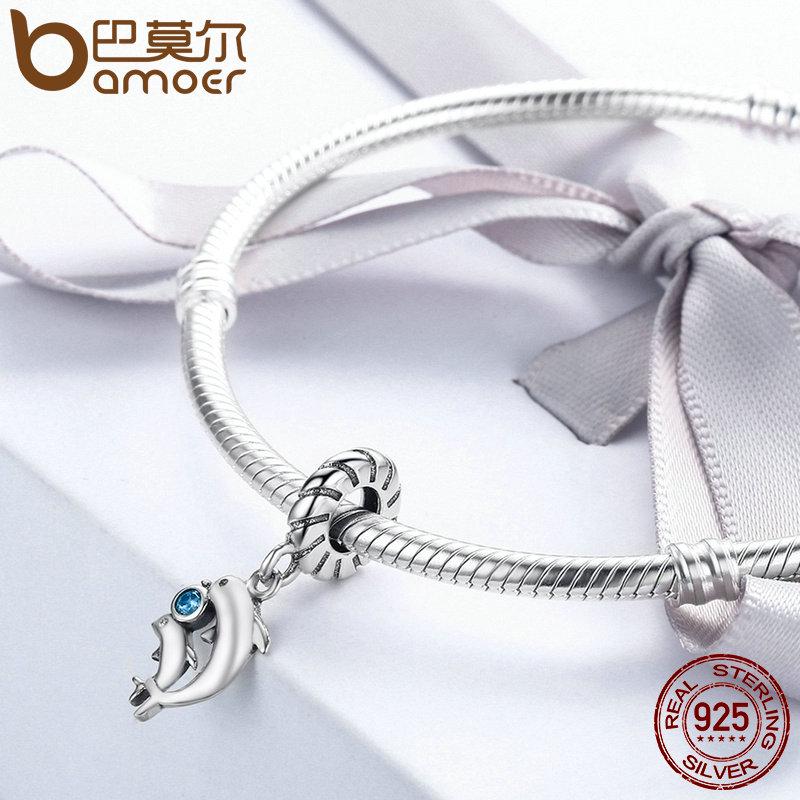 BAMOER Authentic 100% 925 Sterling Silver Dolphins Story with Clear CZ Charms Fit Bracelet