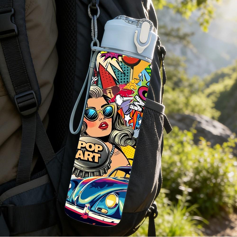 1PC Hot Summer Comic Cartoon Art Print 750ml Color Plastic Sports Water Bottle Leakproof Flip Straw Lid Suitable for Sports Office Home Use