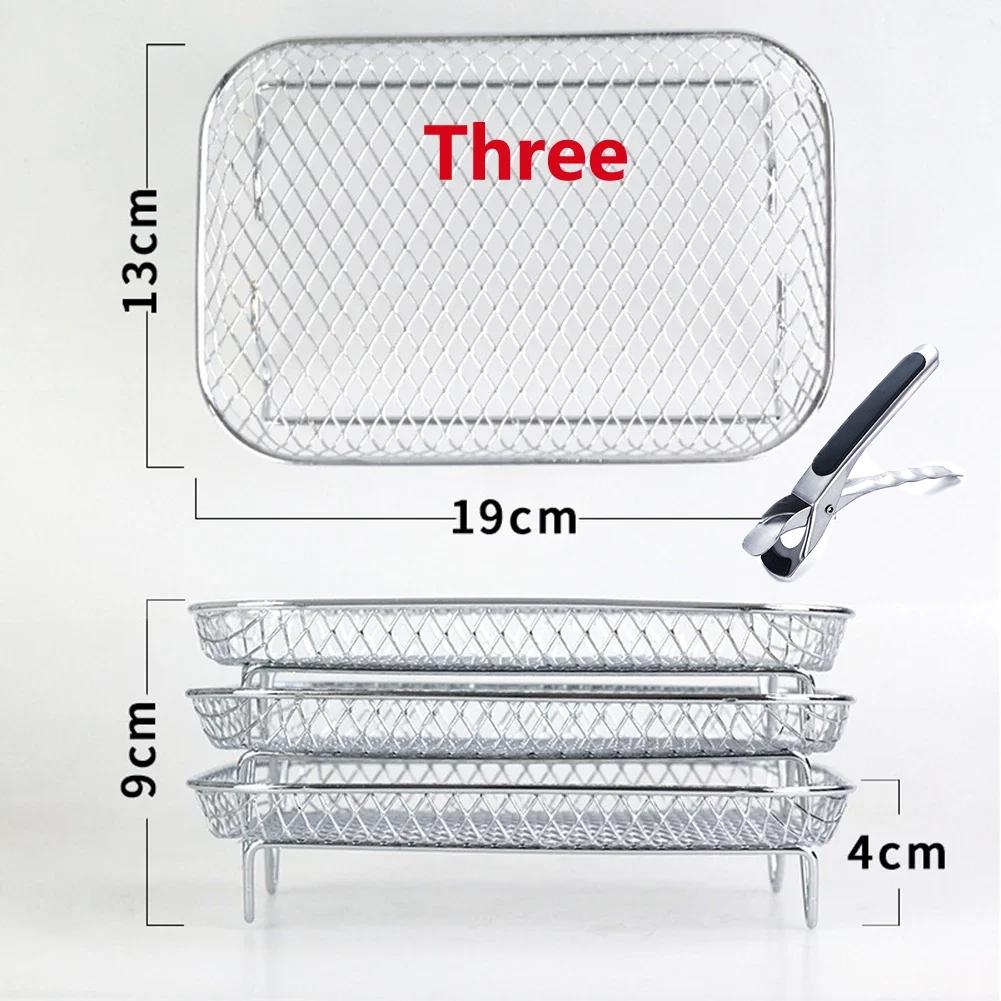 3-Layers Kitchen Air Fryers Rack Stainless Steel Oven Grilling Tray Shelf Square/Round Steamer Basket Home Cooking Accessories
