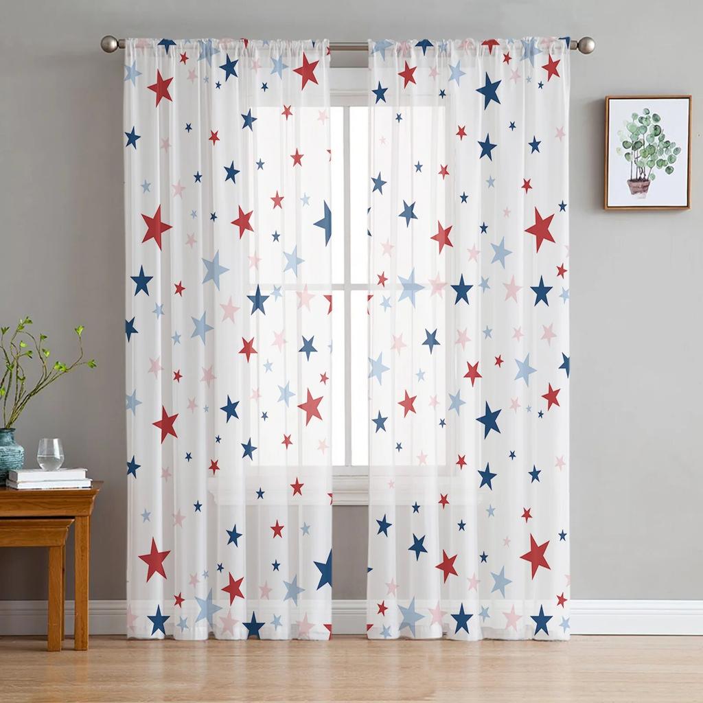 Independence Day Pentagram Sheer Window Curtains For Living Room Kitchen Children Bedroom Voile Hanging Curtain