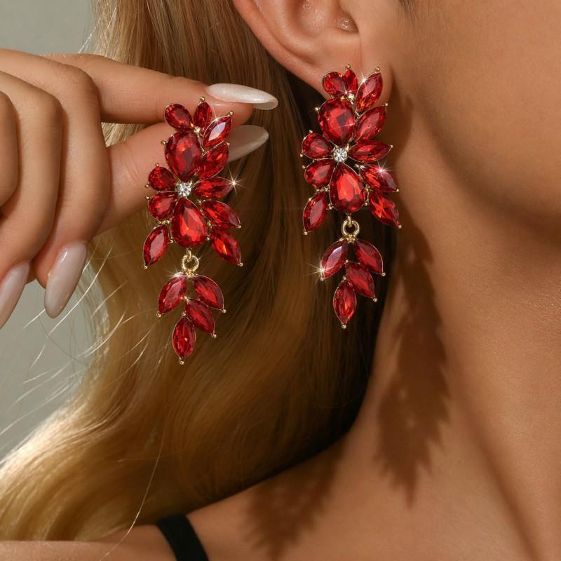 Elegant Oversized Leaf Earrings With Sparkling Rhinestone Accents Alloy Statement Jewelry Women