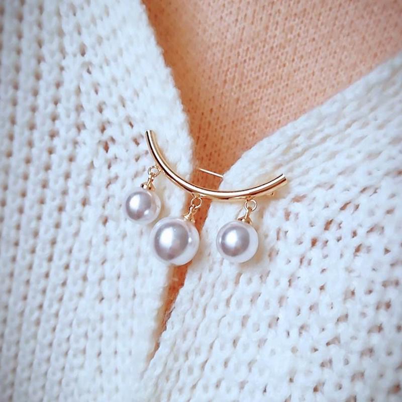 Imitation Pearl Fixed Strap Charm Safety Pin Brooch Sweater Cardigan Clip Chain