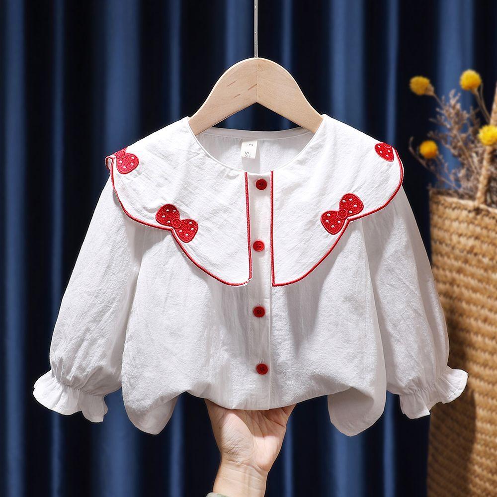 Рубашка с длинными рукавами для маленьких девочек, топ с цветочной вышивкой и лацканами, детская одежда