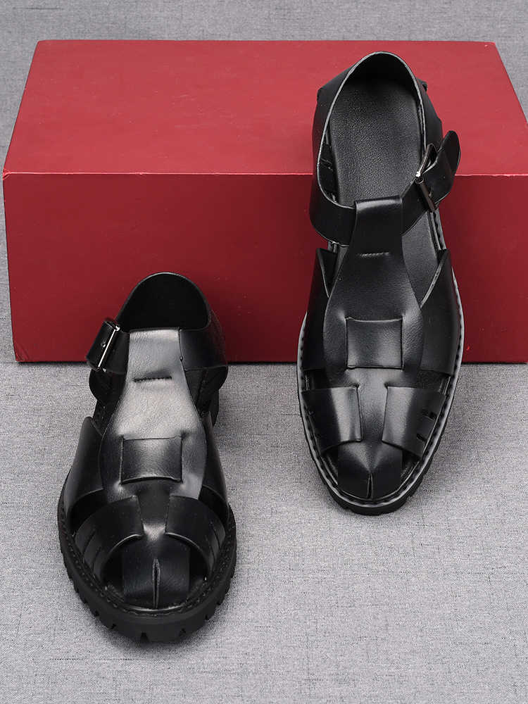 Fashion Summer New Hand Woven Men's Sandals Retro Leather Hollow Breathable Roman Shoes Trendy Solid Color Ankle Buckle Casual Shoes