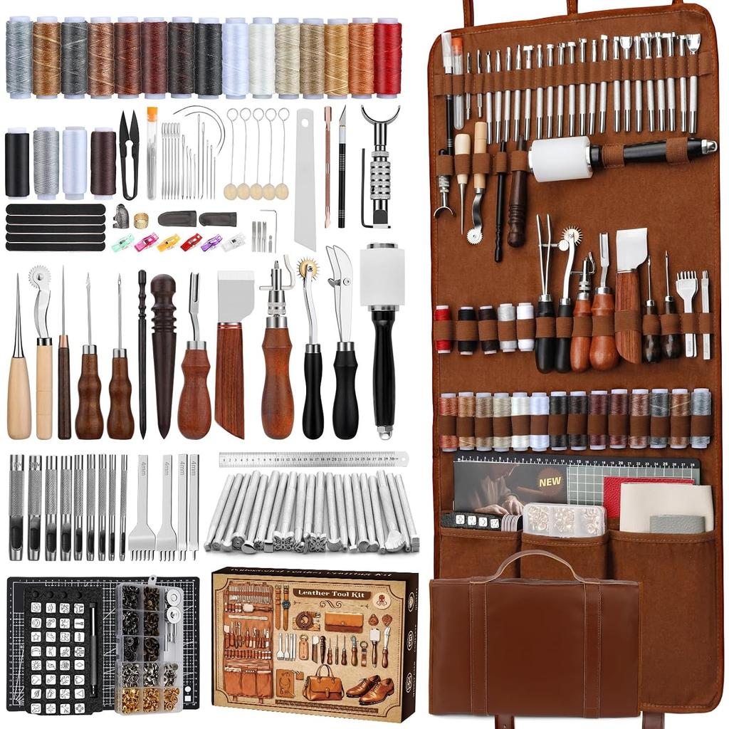 Leather Working Kit, Leather Working Tools and Crafting Kit with Custom Storage Bag, Engraving, Cutting, Sewing, Stamping, Sanding Supplies