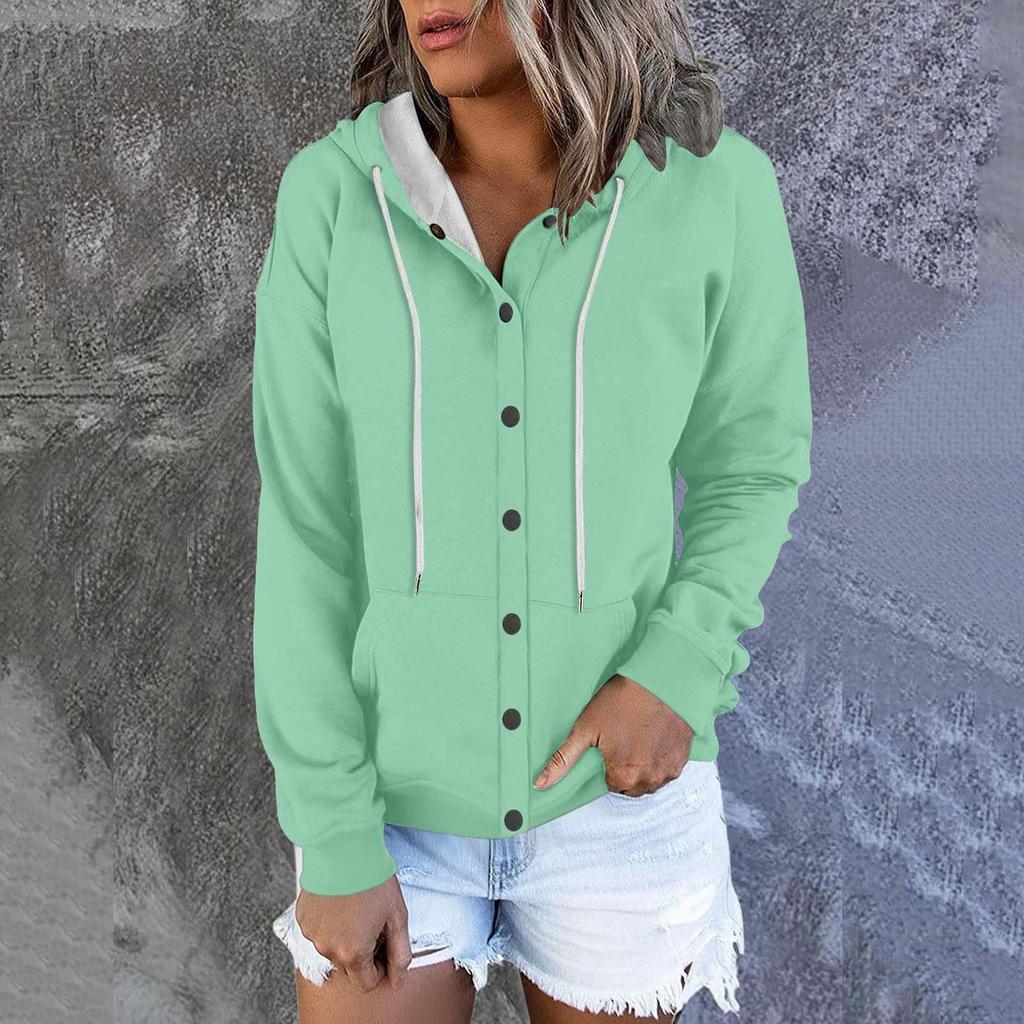 Women's Fashion Casual Solid Colour Button Hoodie Long Sleeve Sweatshirt Drawstring Jacket Coat
