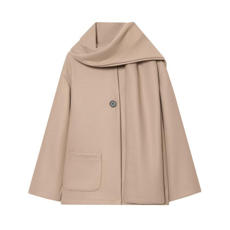 Womens Wool Blend Long Sleeve Coat With Scarf Collar Regular Fit Winter 2026 Oversized Outerwear
