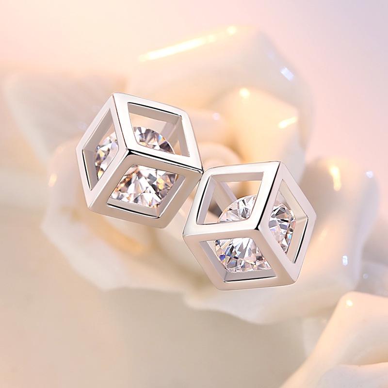 Women's Korean Fashion Zircon Square Geometric Love Rubik's Cube Earrings