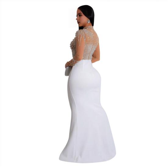 Женское платье с воротником до половины и длинными рукавами, длинное платье с разрезом по бокам, сетчатое платье макси со стразами и разрезом по бокам